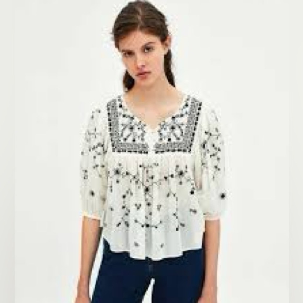 Zara TRF Embroidered Puff Sleeve Peasant Top